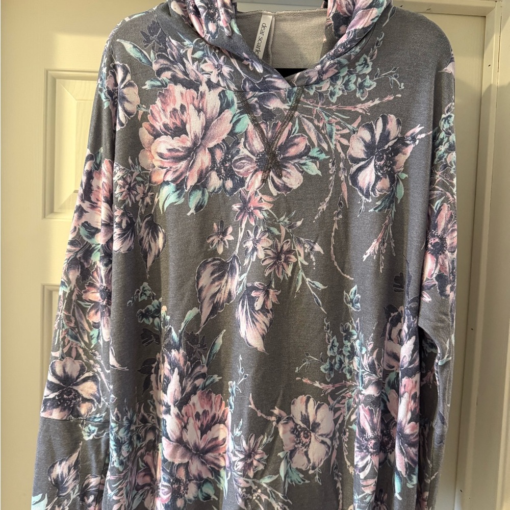 Floral Cowl Neck Sweater in Gray and Pink